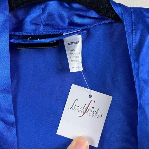Fredericks of Hollywood cobalt blue black lace trim satin robe - Picture 2 of 5